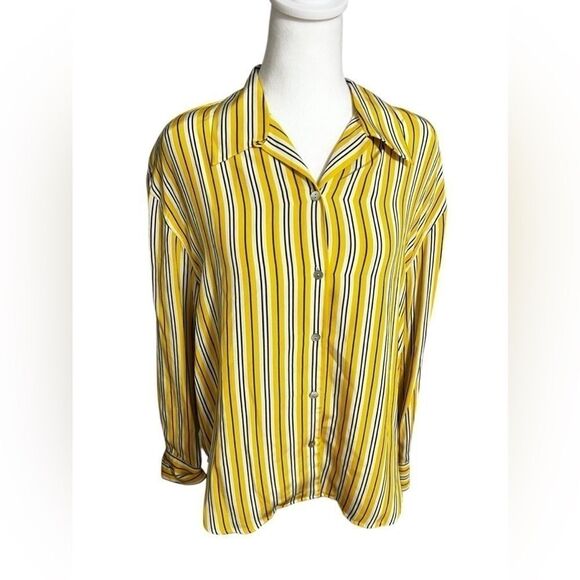 Austin Reed 100% silk yellow, white stripe long sleeve vintage 14 large button - Picture 6 of 12